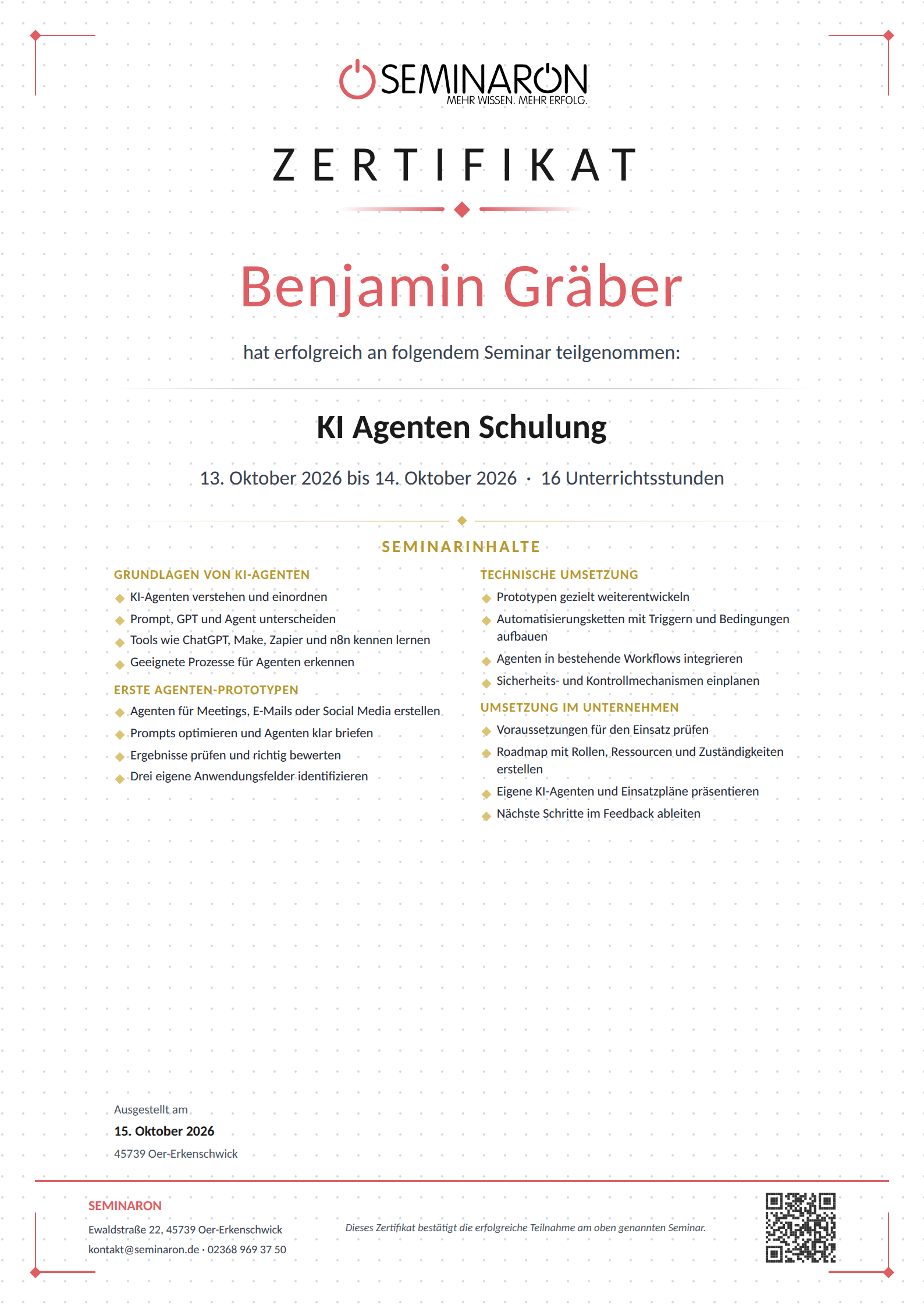 Zertifikat: KI Agenten Schulung — Benjamin Gräber
