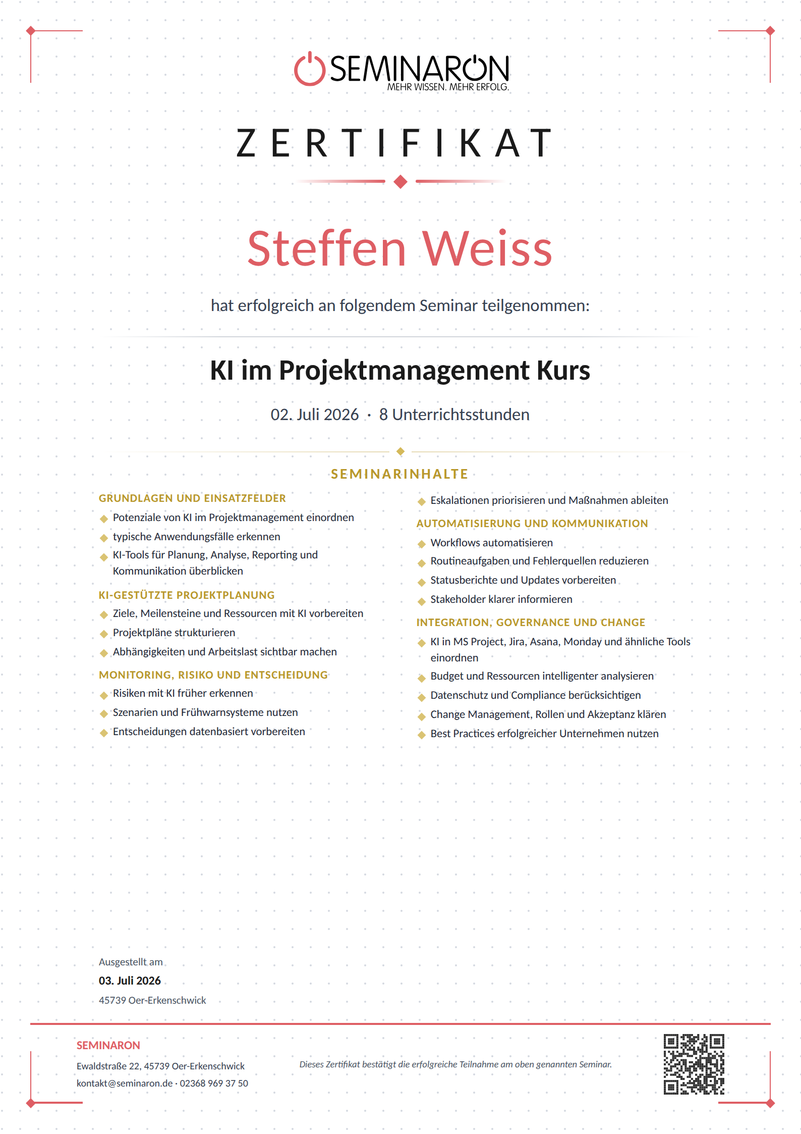 Zertifikat: KI im Projektmanagement Kurs — Steffen Weiss