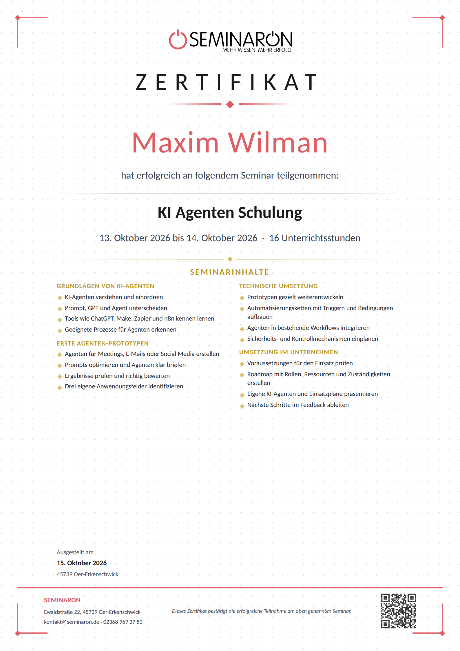 Zertifikat: KI Agenten Schulung — Maxim Wilman